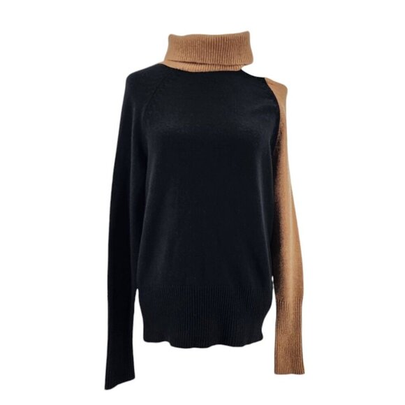 NWT Evereve Jamison Color Block Cutout Black Camel Turtleneck Knit Sweater Small - Picture 1 of 10